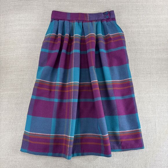 Vintage Pleated Plaid Wool Midi Skirt Purple Teal Pink Lined Fall Winter Skirt - Picture 1 of 7